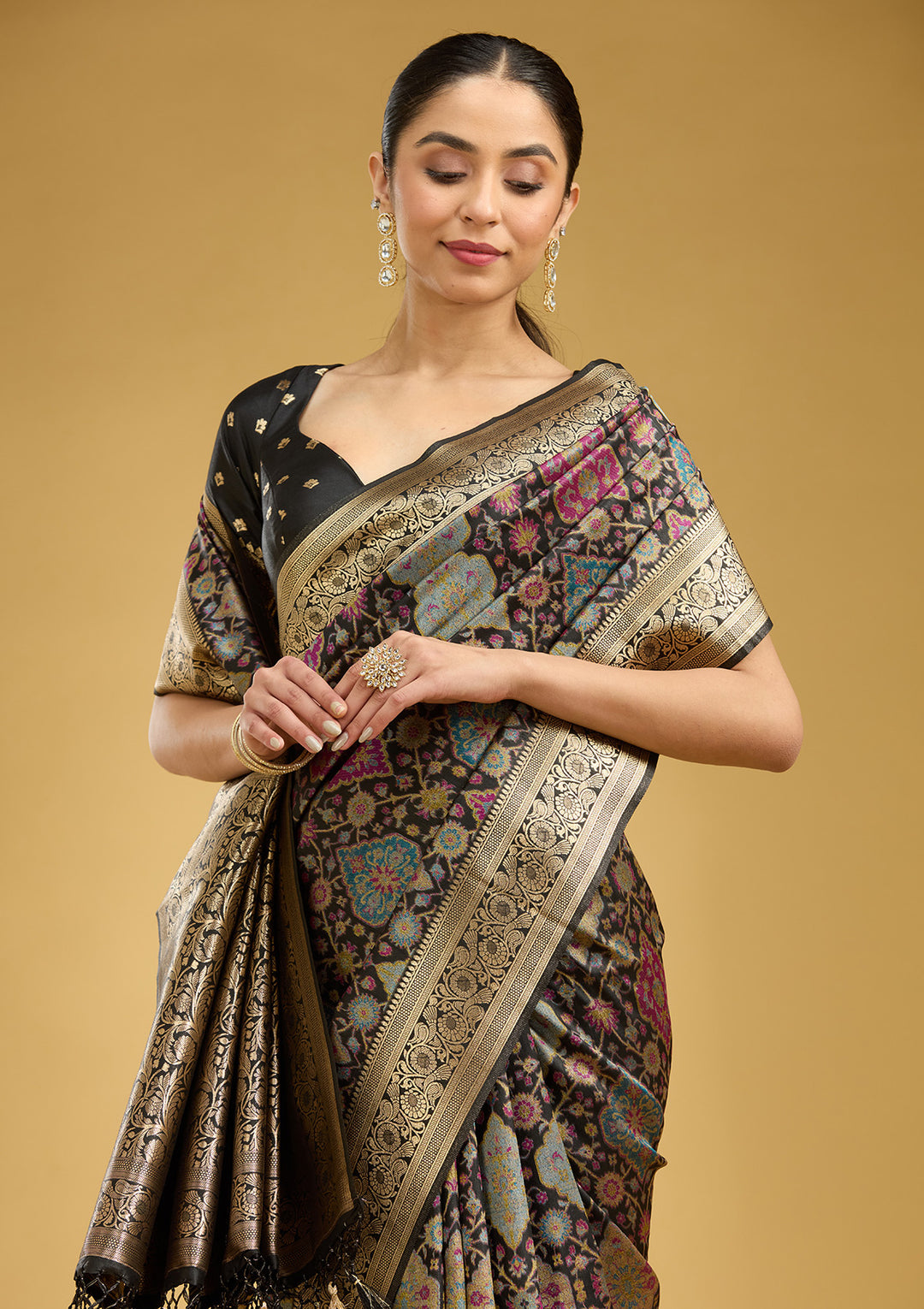 Black Silk Jaal Printed Saree With Matching Blouse Piece