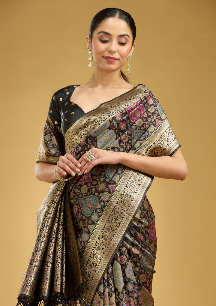Black Silk Jaal Printed Saree With Matching Blouse Piece