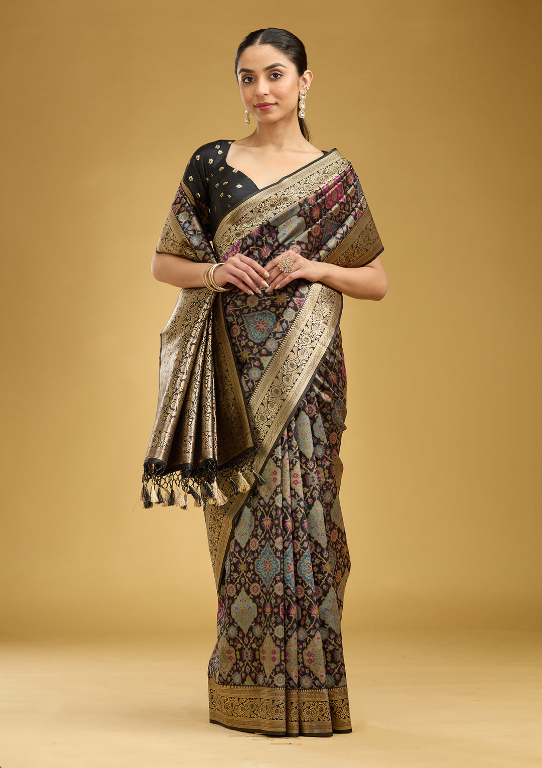 Black Silk Jaal Printed Saree With Matching Blouse Piece