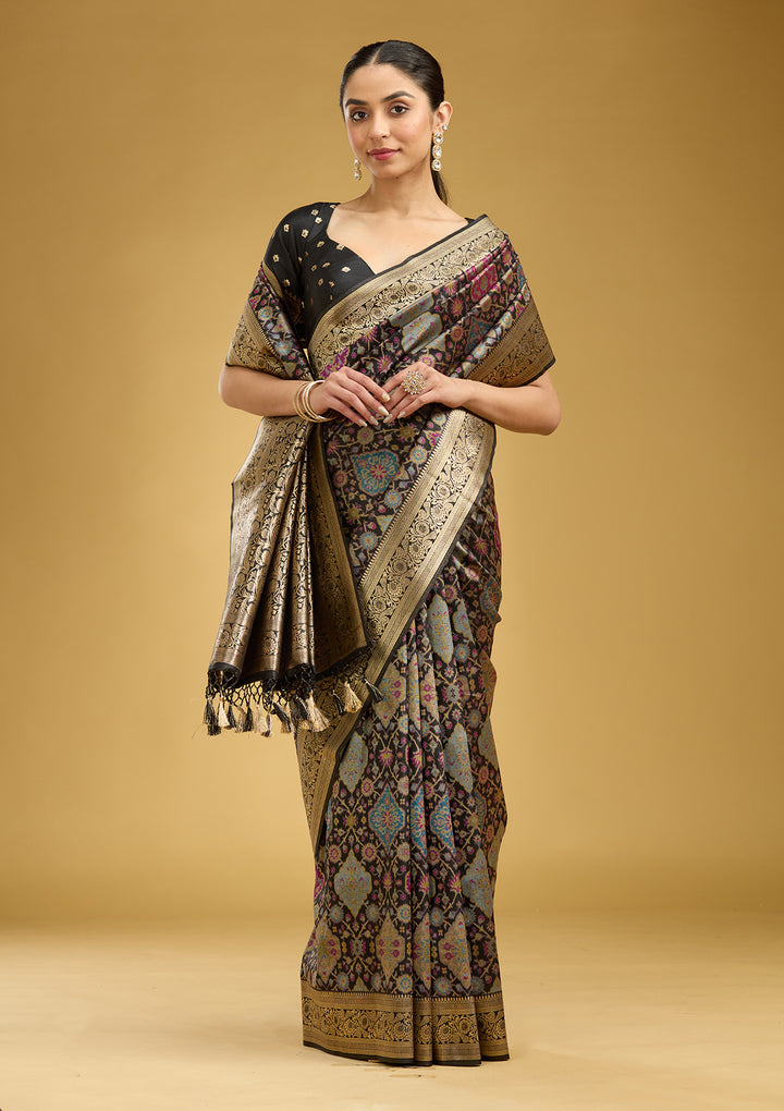 Black Silk Jaal Printed Saree With Matching Blouse Piece