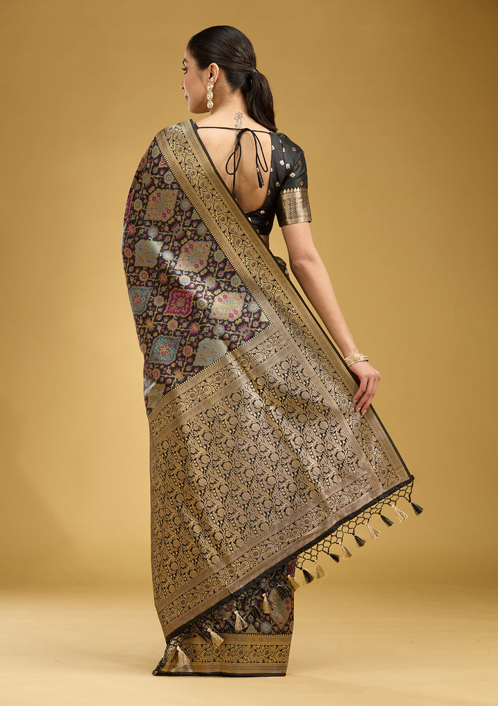 Black Silk Jaal Printed Saree With Matching Blouse Piece