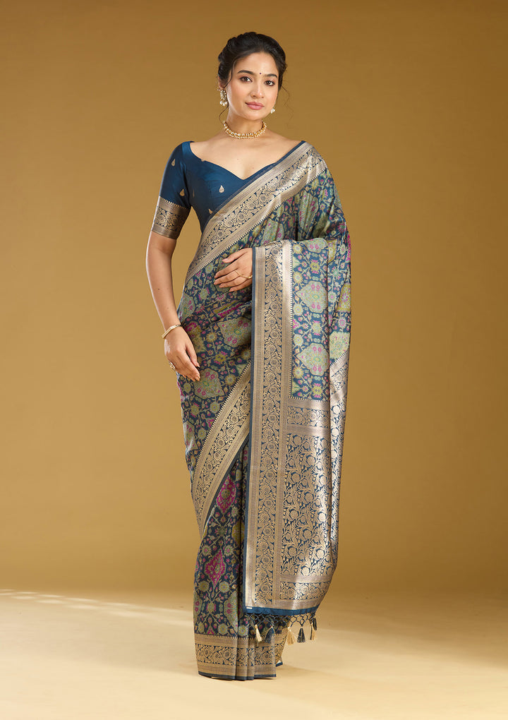 Peacock Blue Silk Jaal Printed Saree With Matching Blouse Piece