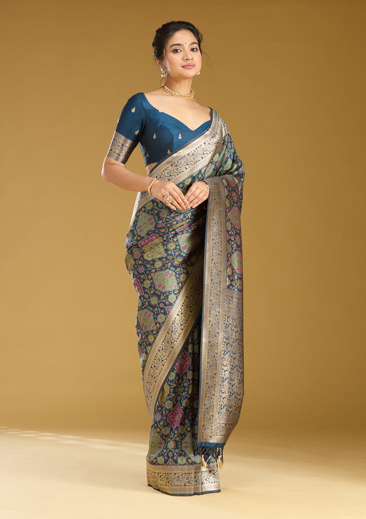 Peacock Blue Silk Jaal Printed Saree With Matching Blouse Piece