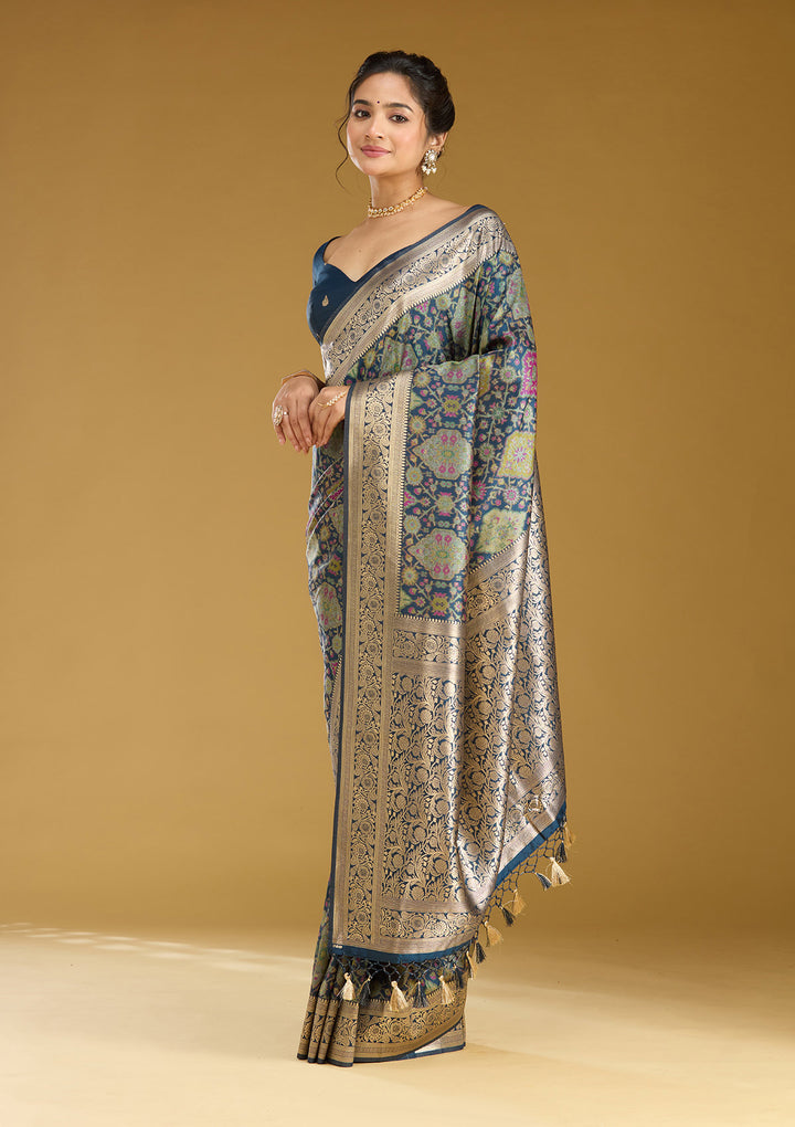 Peacock Blue Silk Jaal Printed Saree With Matching Blouse Piece