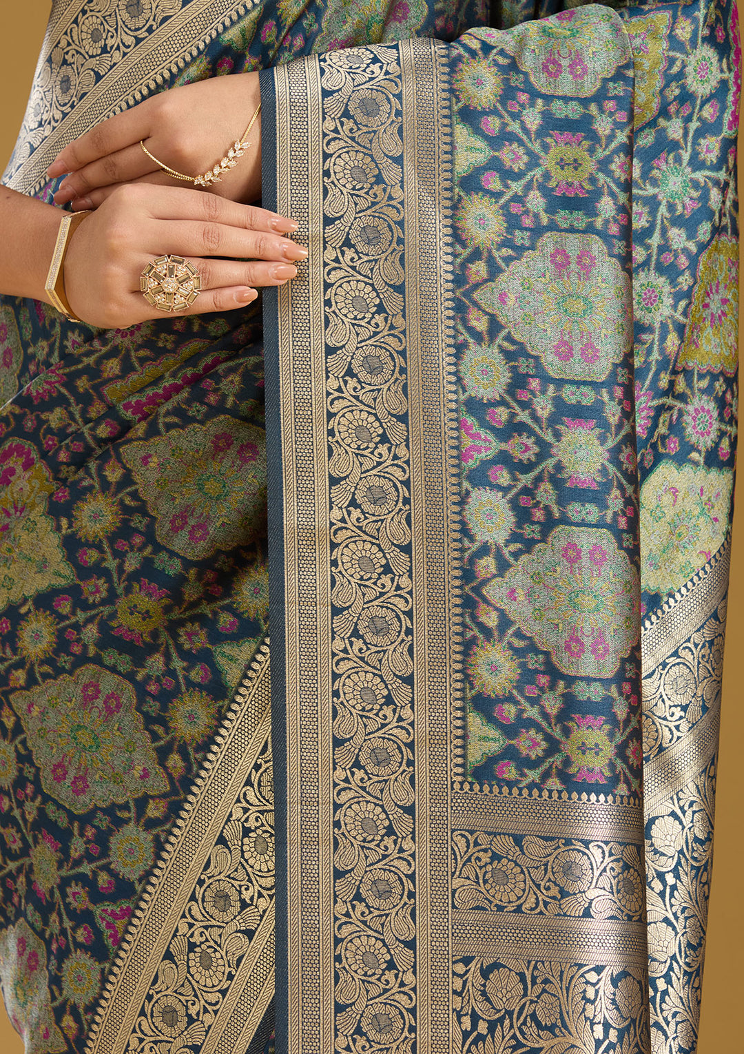 Peacock Blue Silk Jaal Printed Saree With Matching Blouse Piece