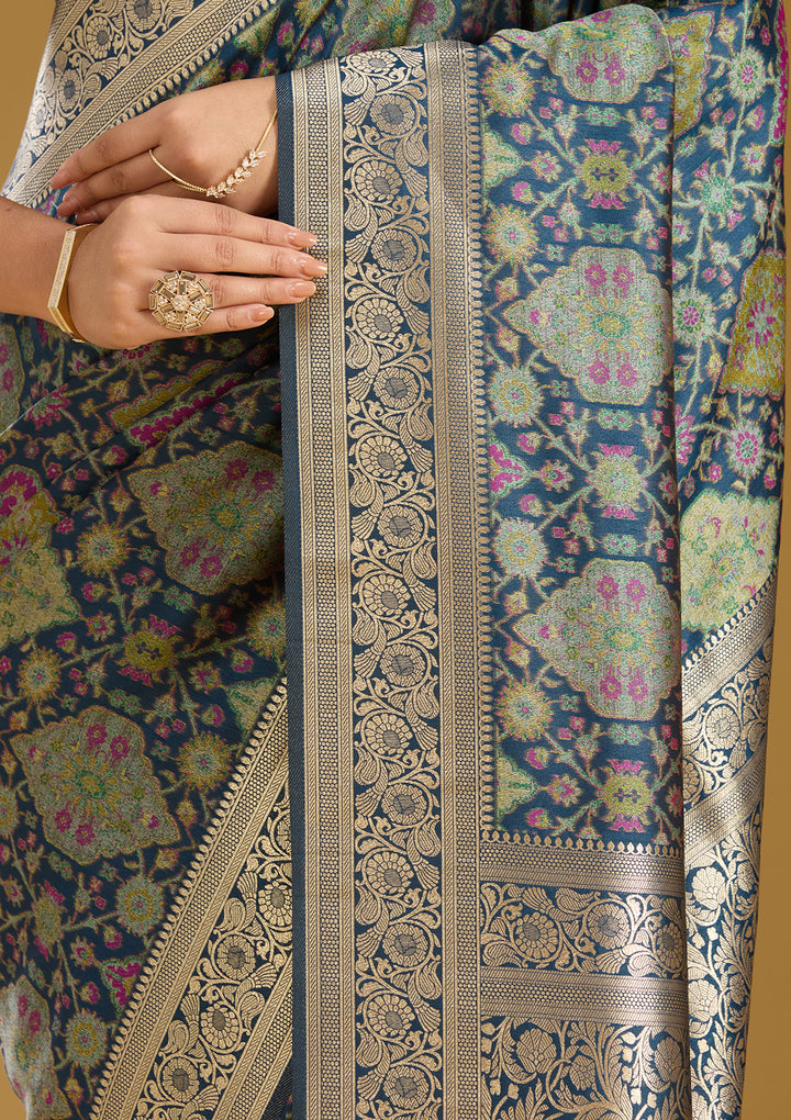 Peacock Blue Silk Jaal Printed Saree With Matching Blouse Piece