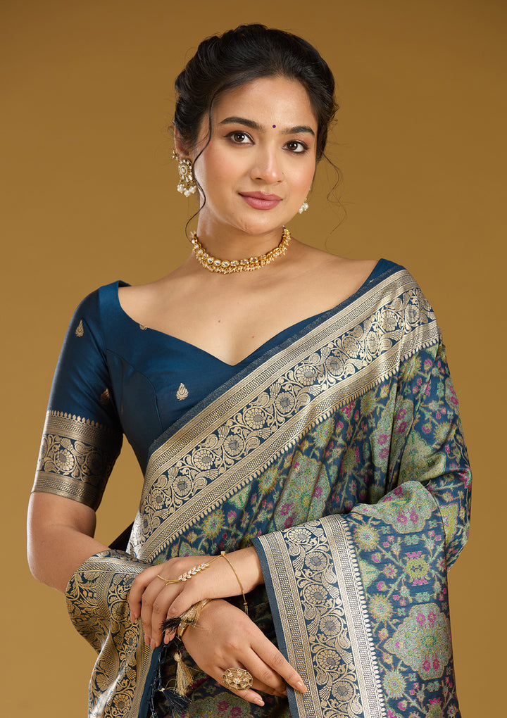 Peacock Blue Silk Jaal Printed Saree With Matching Blouse Piece