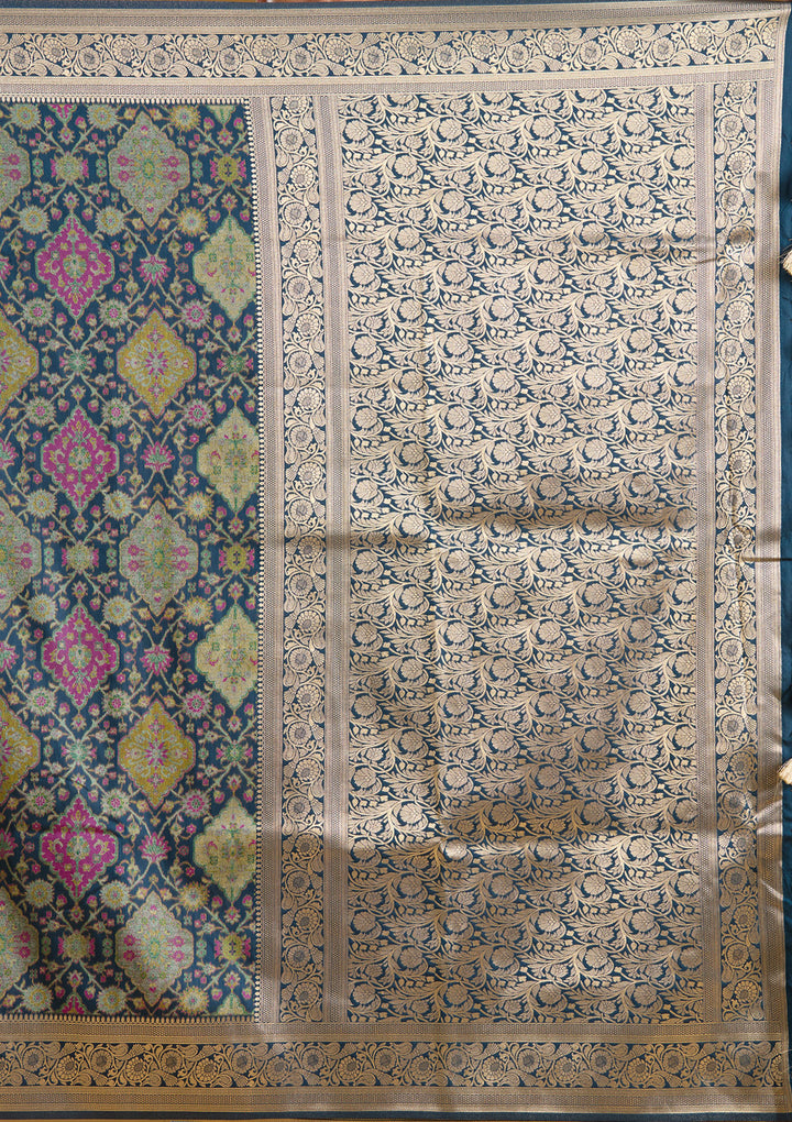 Peacock Blue Silk Jaal Printed Saree With Matching Blouse Piece