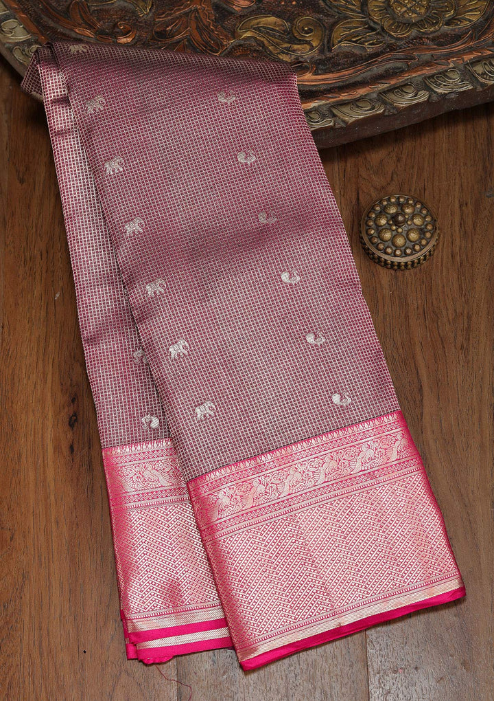 Wine Pure Silk Checks Zariwork Saree With Matching Blouse Piece