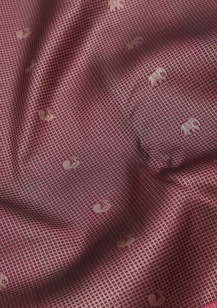 Wine Pure Silk Checks Zariwork Saree With Matching Blouse Piece