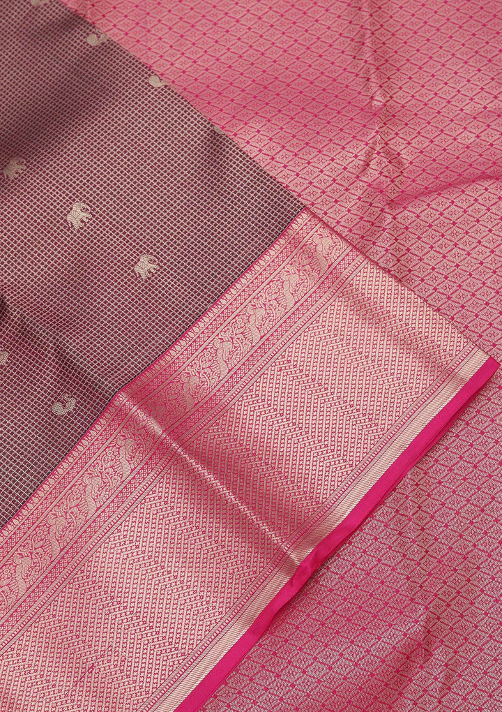 Wine Pure Silk Checks Zariwork Saree With Matching Blouse Piece