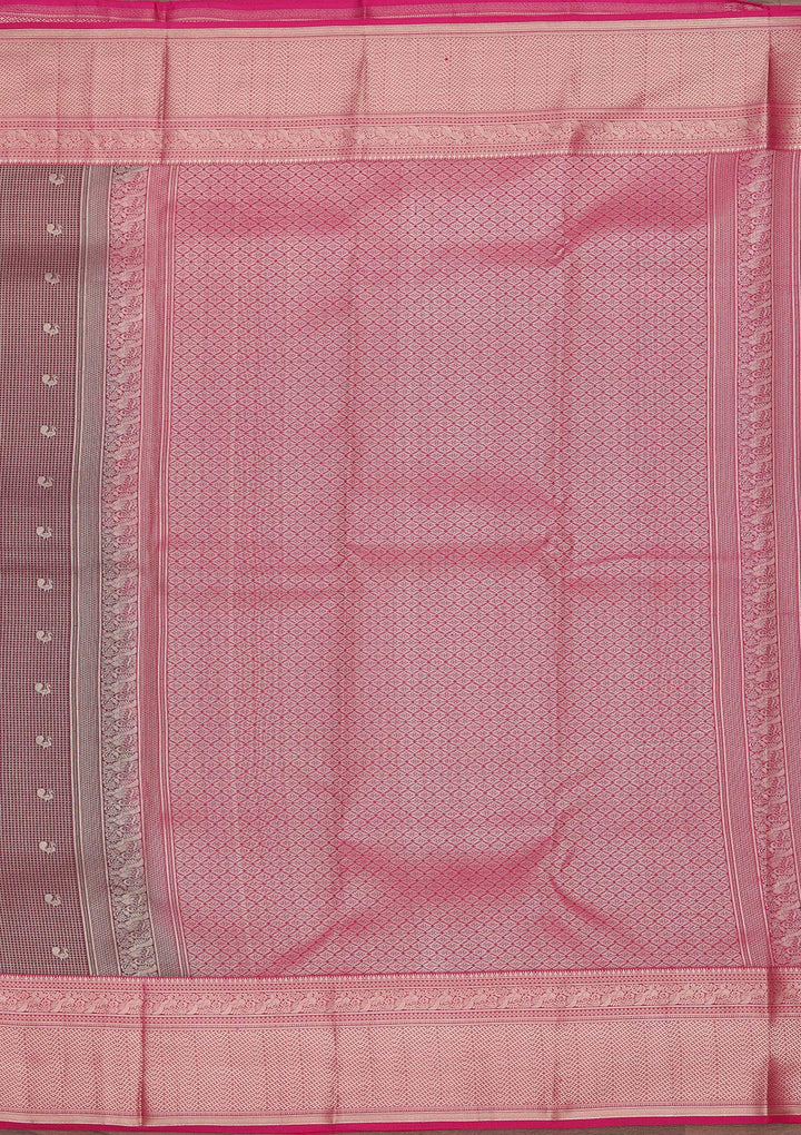 Wine Pure Silk Checks Zariwork Saree With Matching Blouse Piece