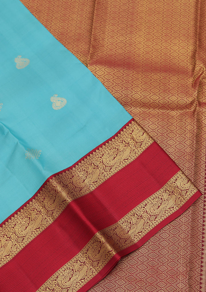 Sky Blue Pure Silk Buti Zariwork Saree With Matching Blouse Piece