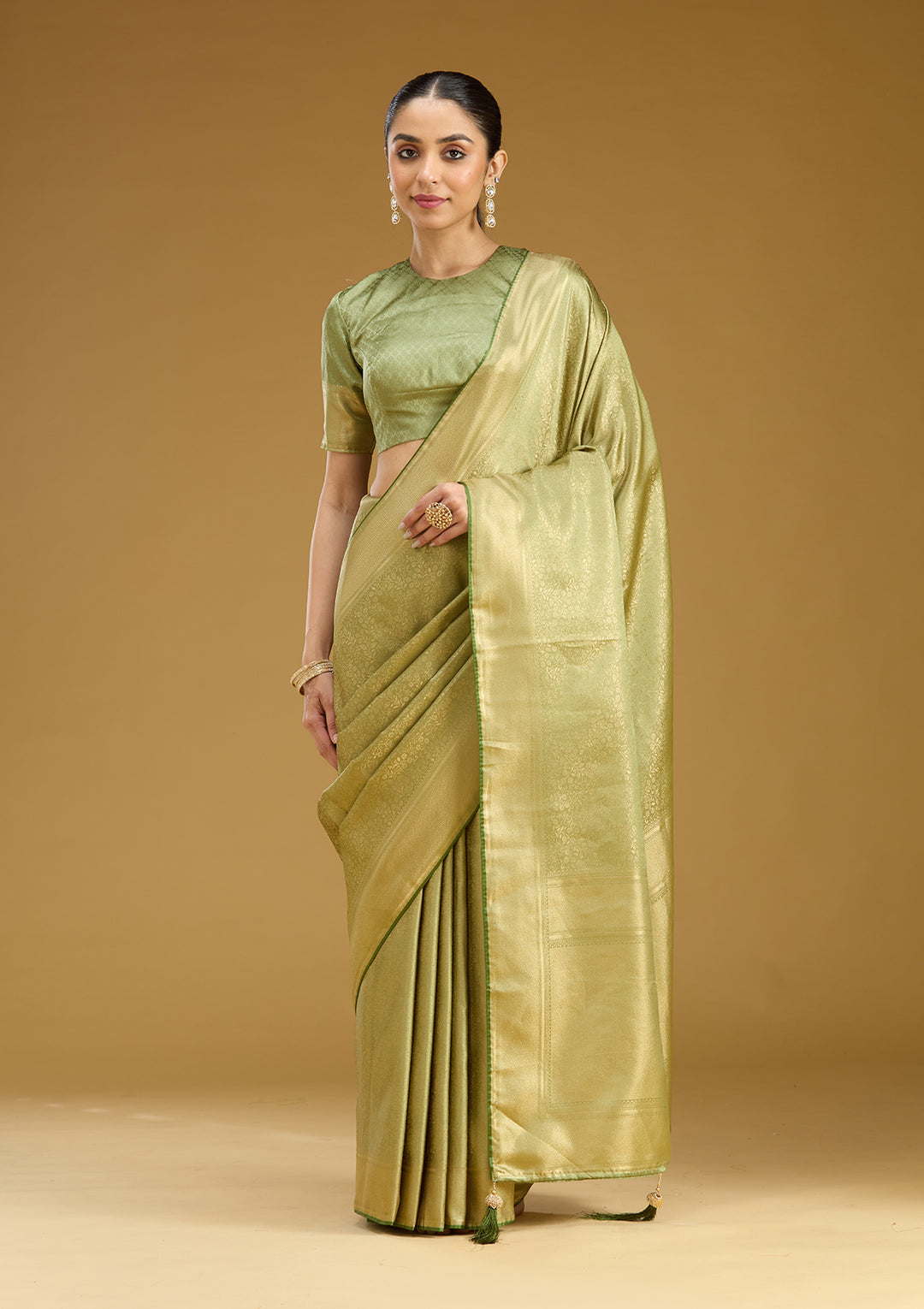 Pista Green Silk Jaal Zariwork Saree With Matching Blouse Piece