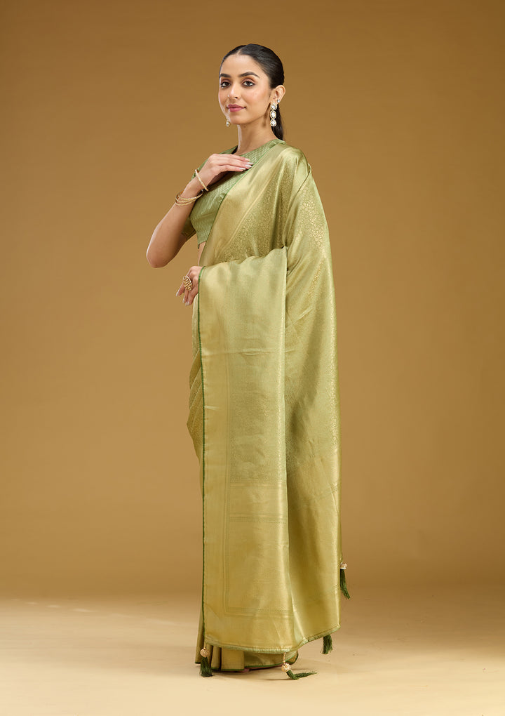 Pista Green Silk Jaal Zariwork Saree With Matching Blouse Piece
