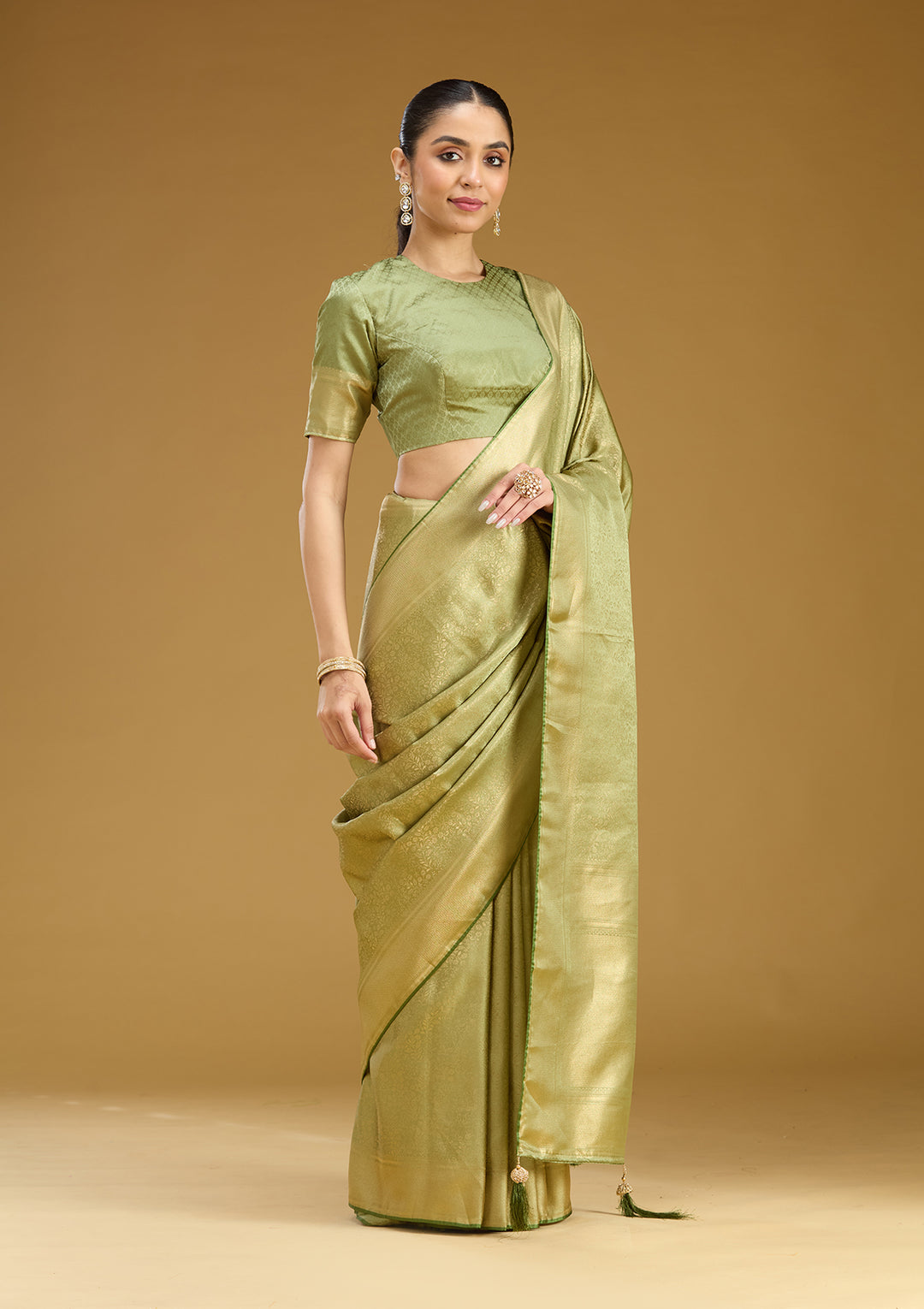 Pista Green Silk Jaal Zariwork Saree With Matching Blouse Piece