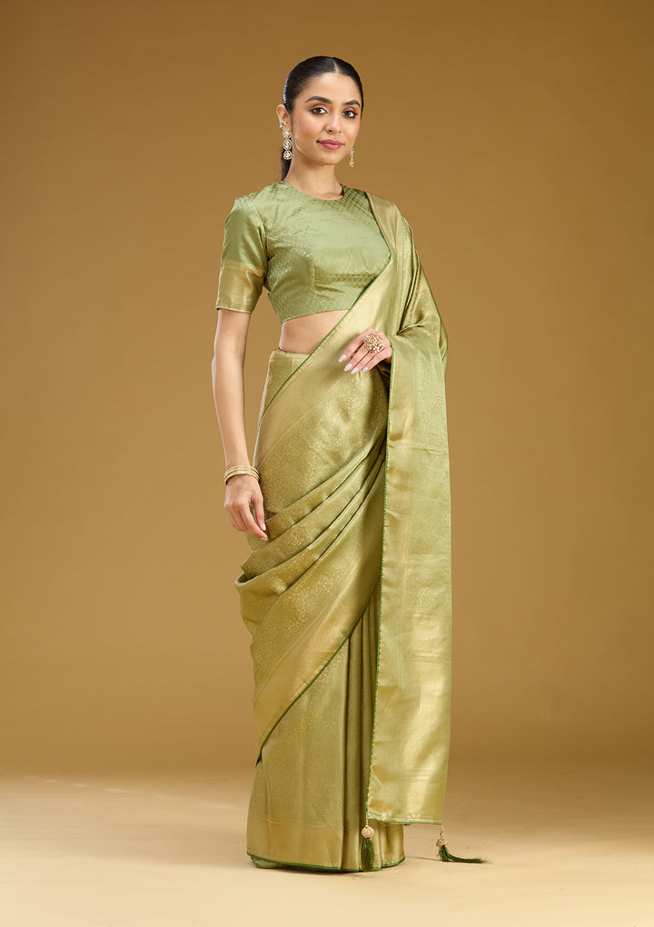 Pista Green Silk Jaal Zariwork Saree With Matching Blouse Piece