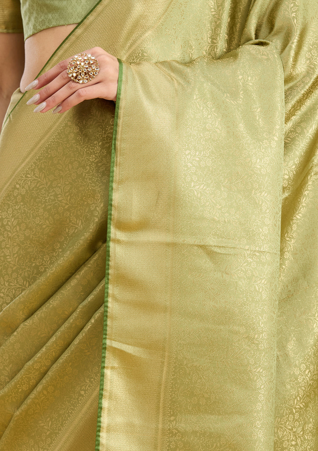 Pista Green Silk Jaal Zariwork Saree With Matching Blouse Piece