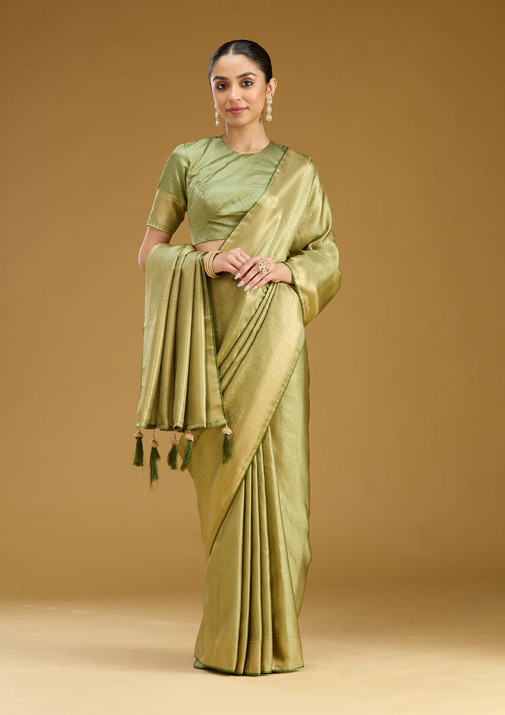 Pista Green Silk Jaal Zariwork Saree With Matching Blouse Piece
