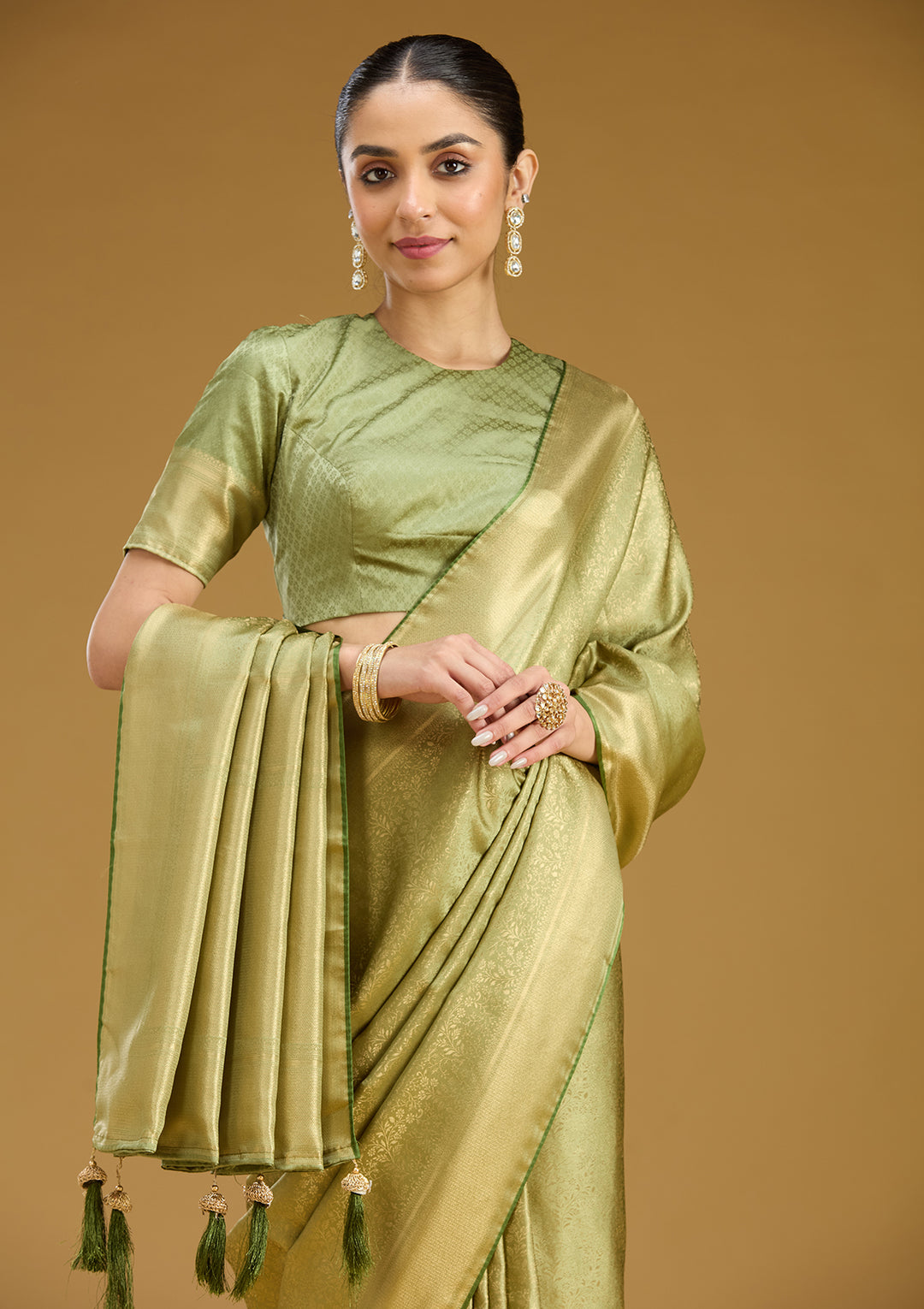 Pista Green Silk Jaal Zariwork Saree With Matching Blouse Piece