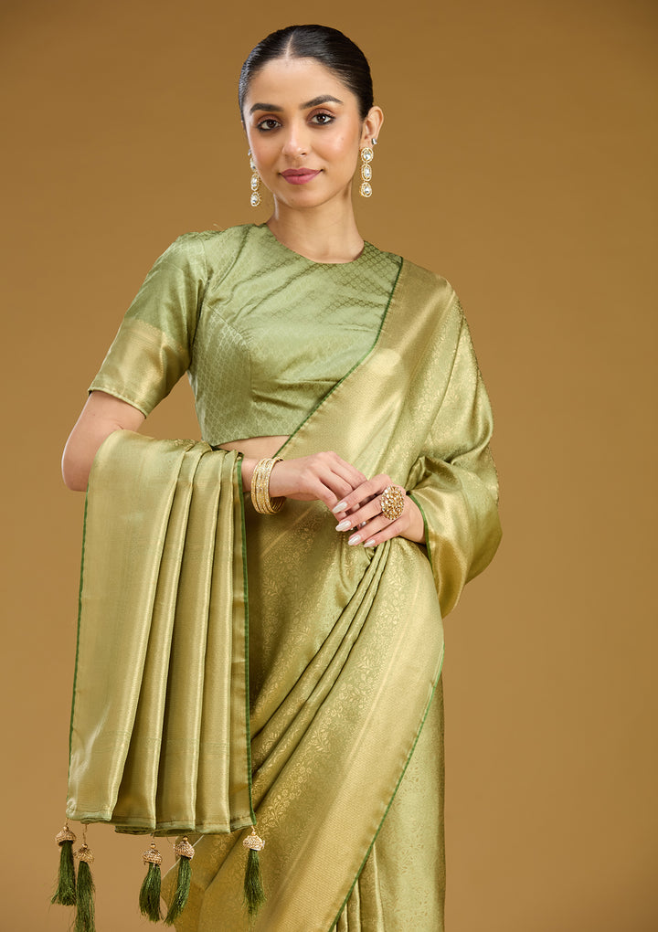 Pista Green Silk Jaal Zariwork Saree With Matching Blouse Piece