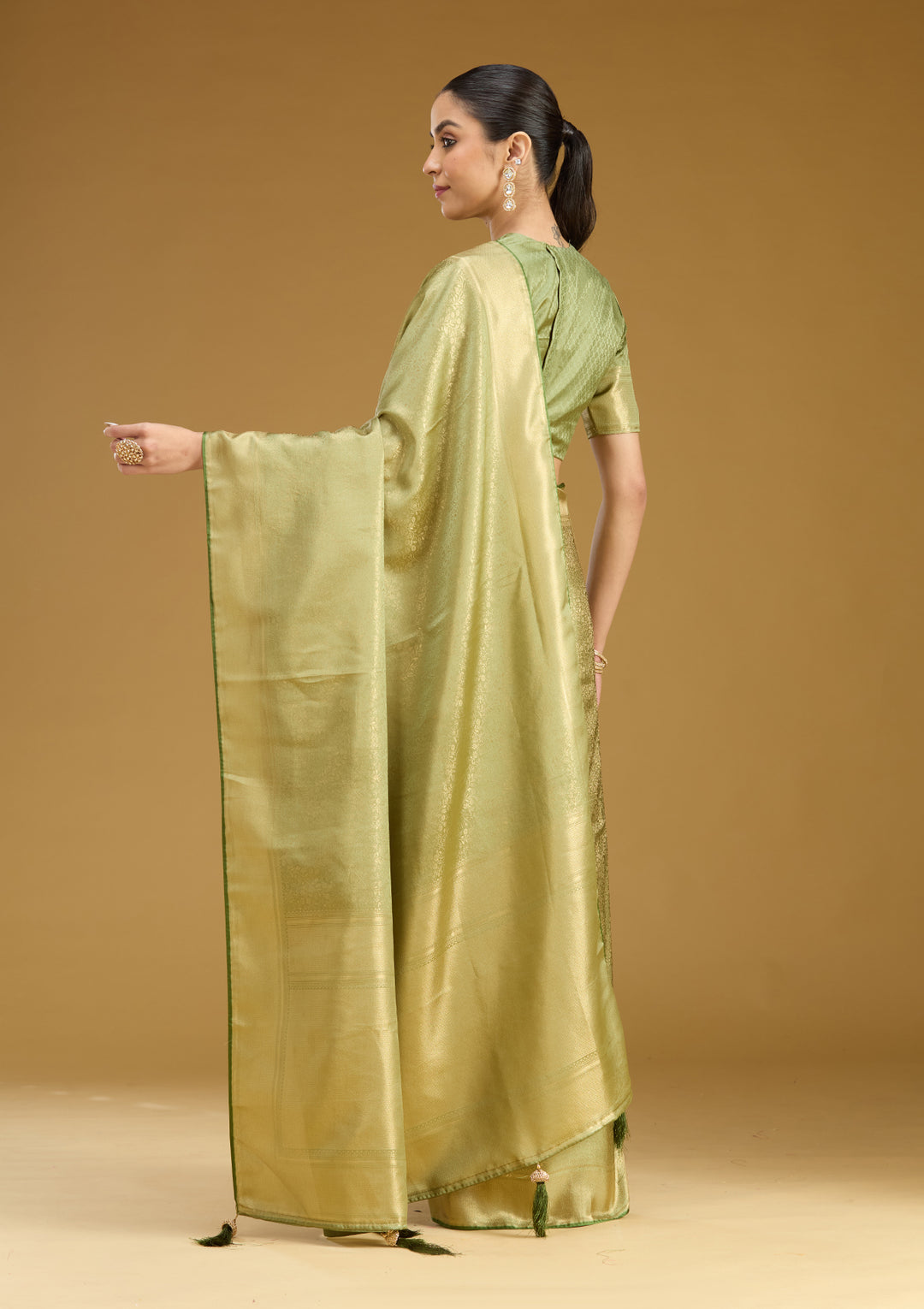 Pista Green Silk Jaal Zariwork Saree With Matching Blouse Piece