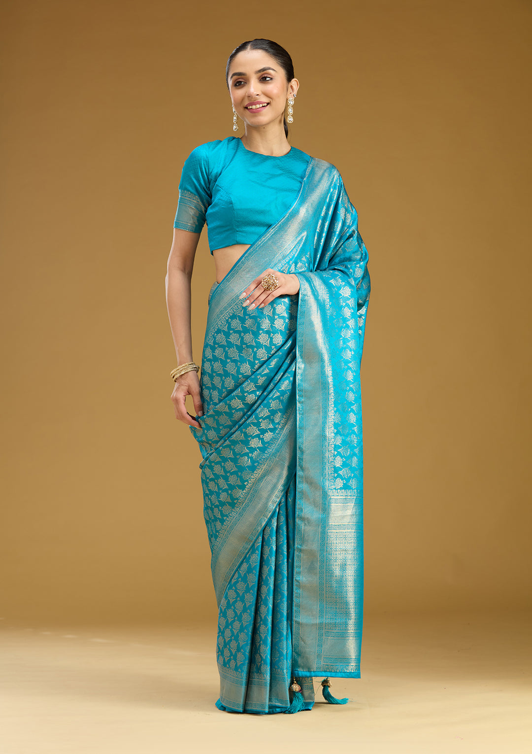 Sky Blue Silk Jaal Gold Zariwork Saree With Matching Blouse Piece