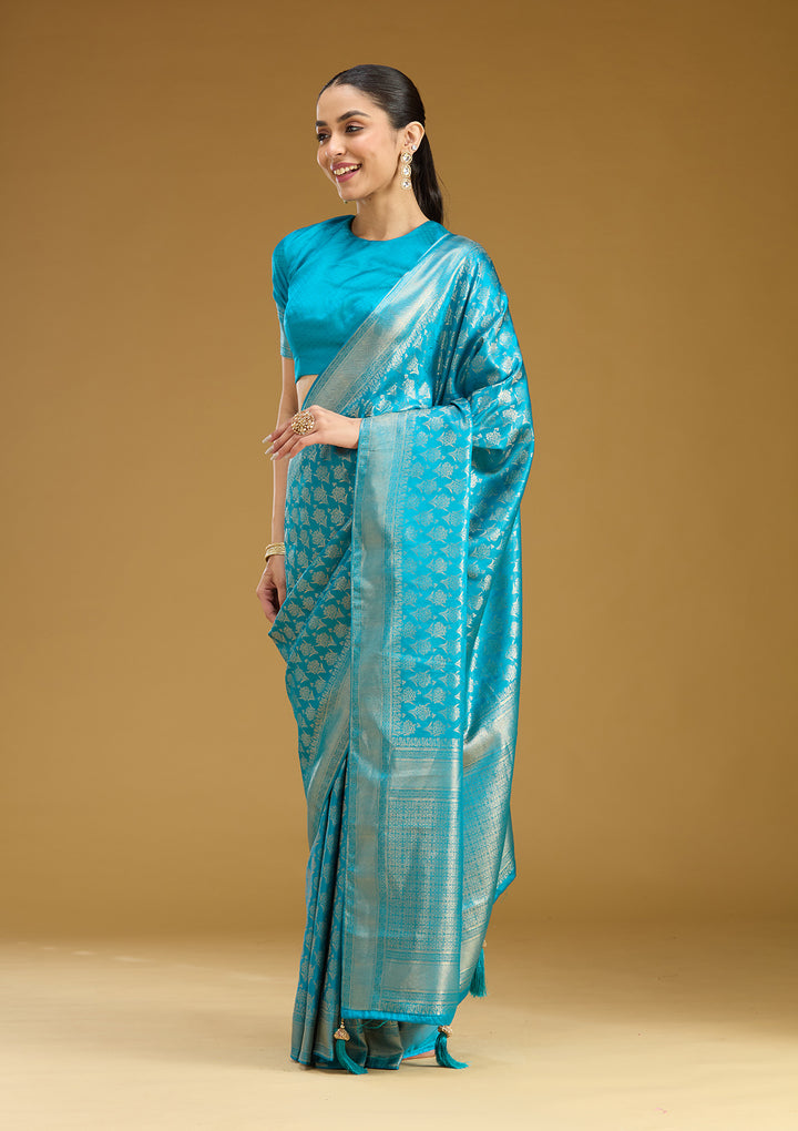Sky Blue Silk Jaal Gold Zariwork Saree With Matching Blouse Piece
