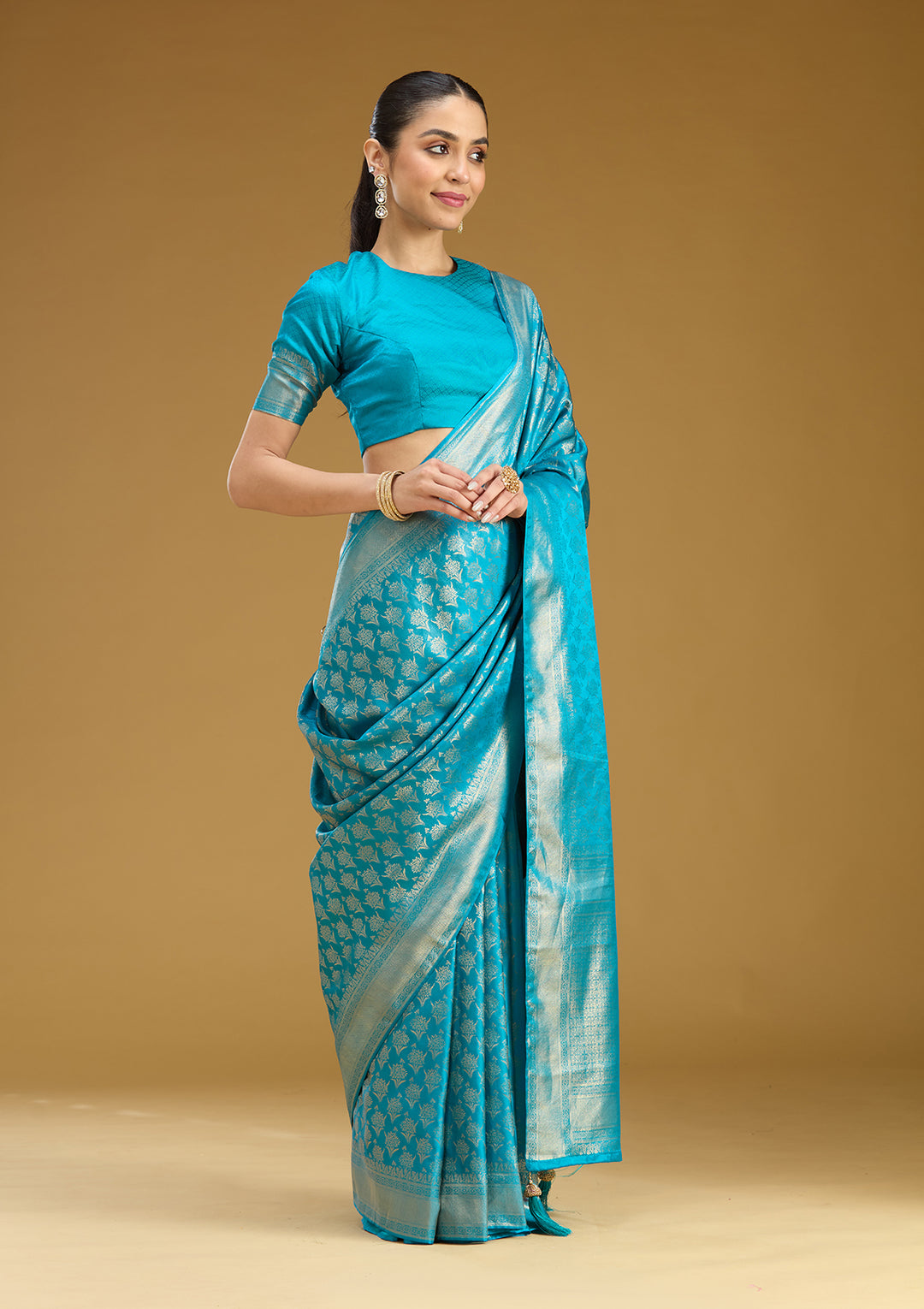 Sky Blue Silk Jaal Gold Zariwork Saree With Matching Blouse Piece