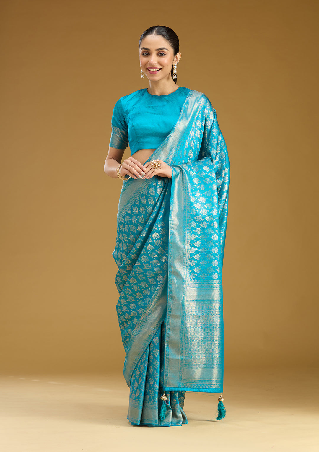 Sky Blue Silk Jaal Gold Zariwork Saree With Matching Blouse Piece