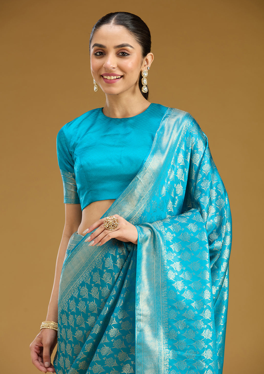 Sky Blue Silk Jaal Gold Zariwork Saree With Matching Blouse Piece