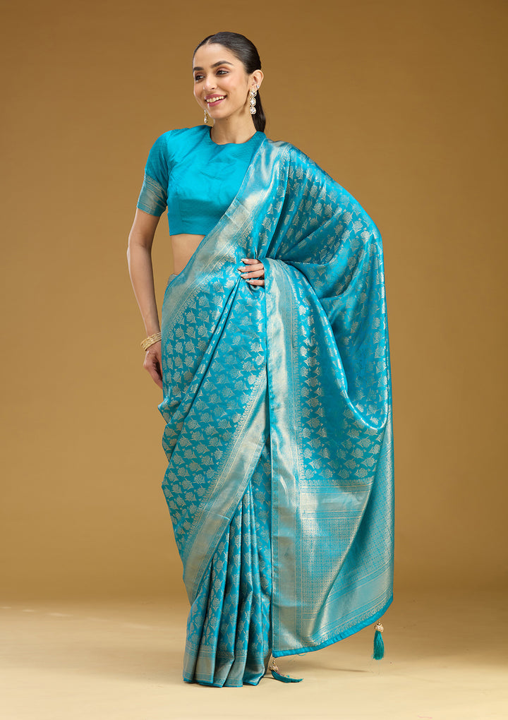 Sky Blue Silk Jaal Gold Zariwork Saree With Matching Blouse Piece