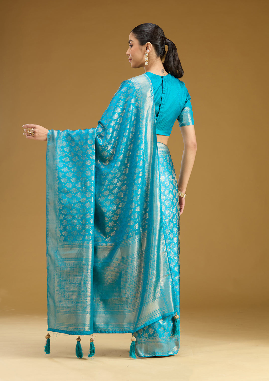 Sky Blue Silk Jaal Gold Zariwork Saree With Matching Blouse Piece