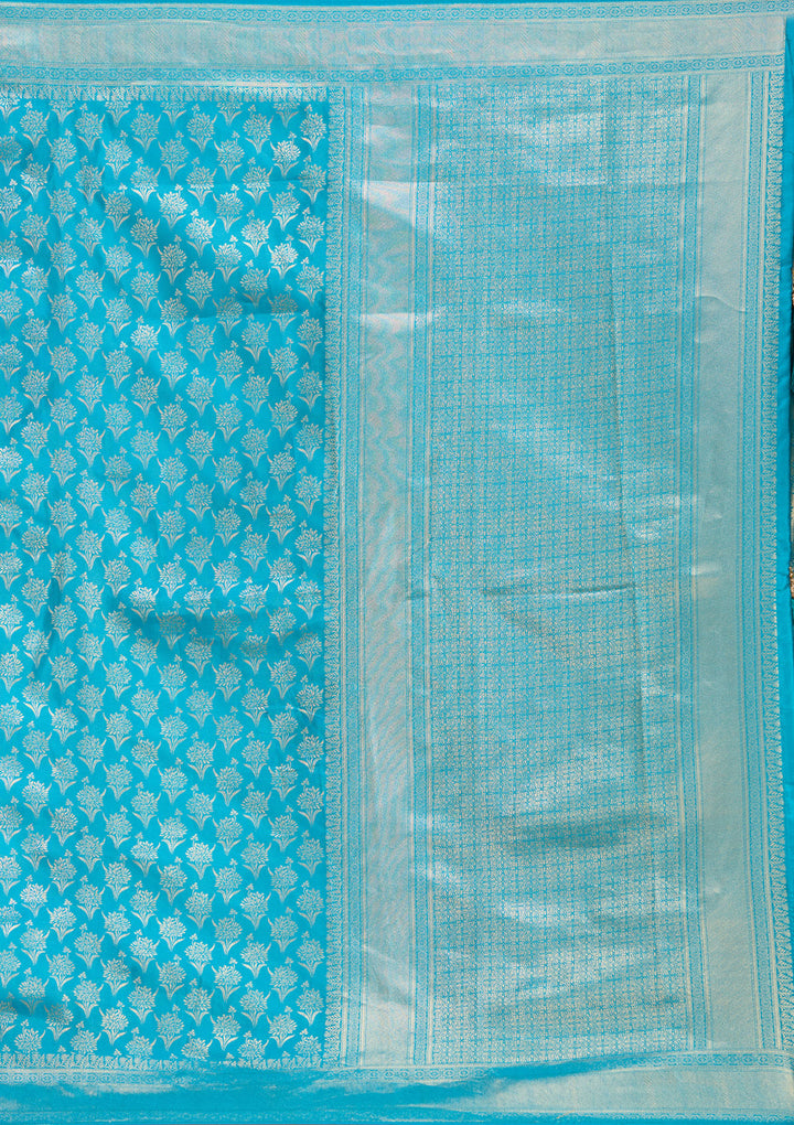 Sky Blue Silk Jaal Gold Zariwork Saree With Matching Blouse Piece