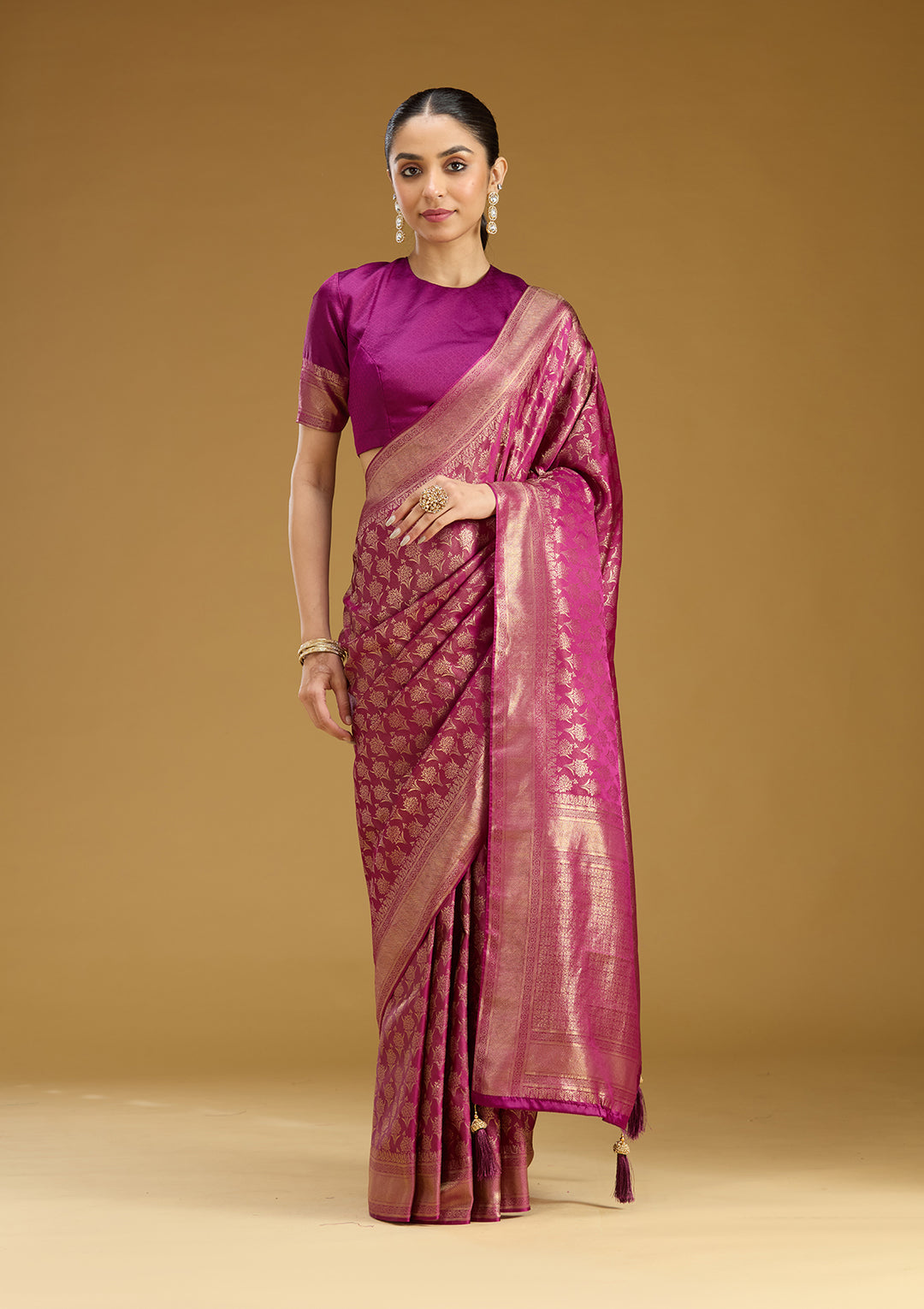 Wine Silk Jaal Gold Zariwork Saree With Matching Blouse Piece