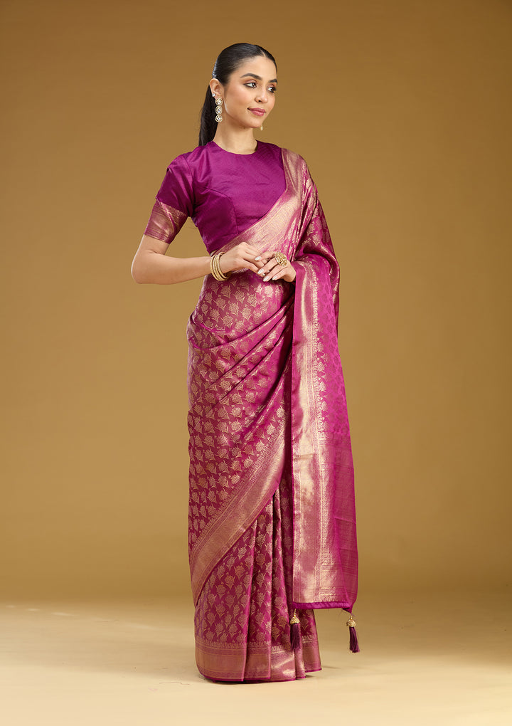 Wine Silk Jaal Gold Zariwork Saree With Matching Blouse Piece