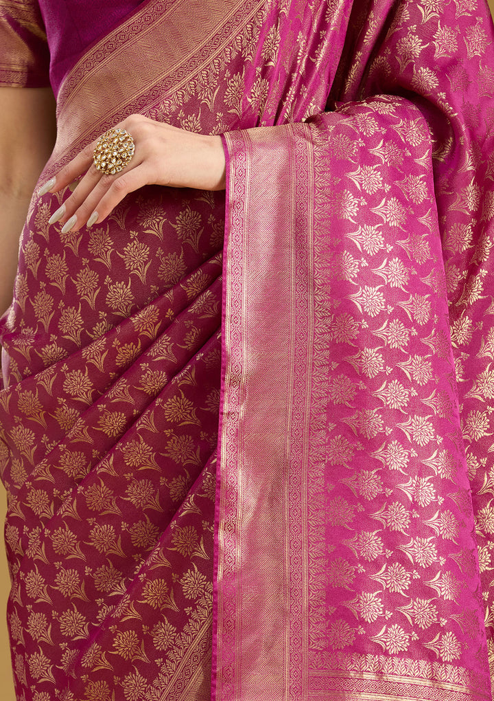 Wine Silk Jaal Gold Zariwork Saree With Matching Blouse Piece