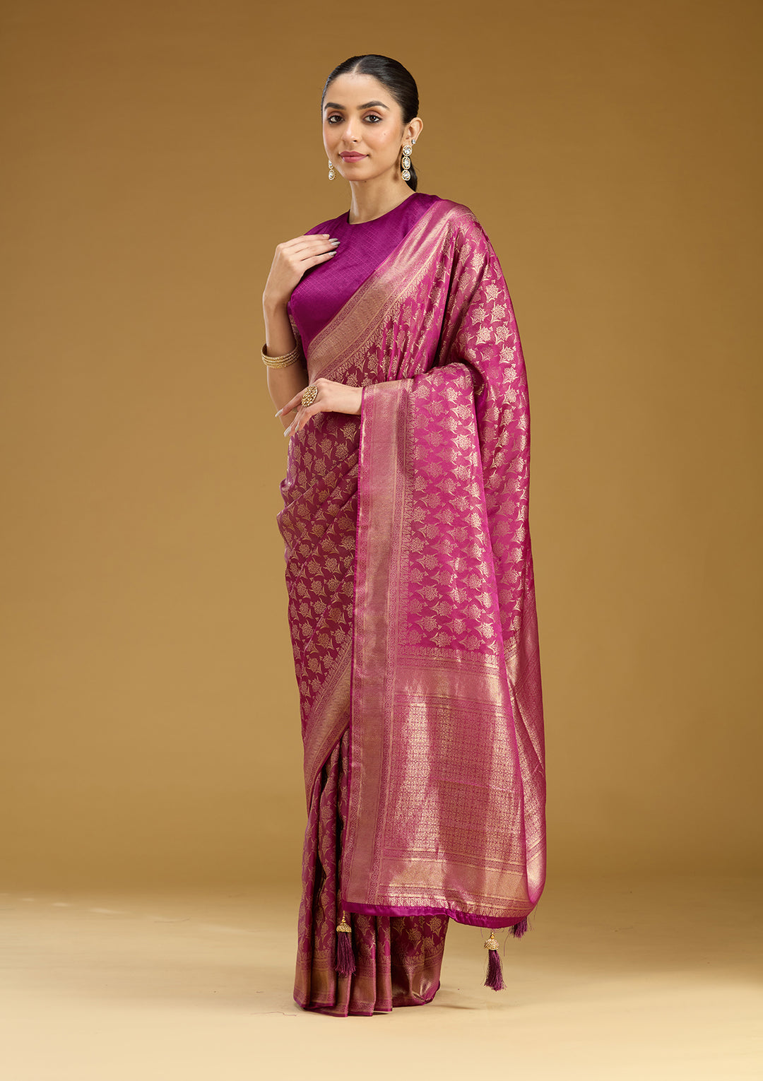 Wine Silk Jaal Gold Zariwork Saree With Matching Blouse Piece