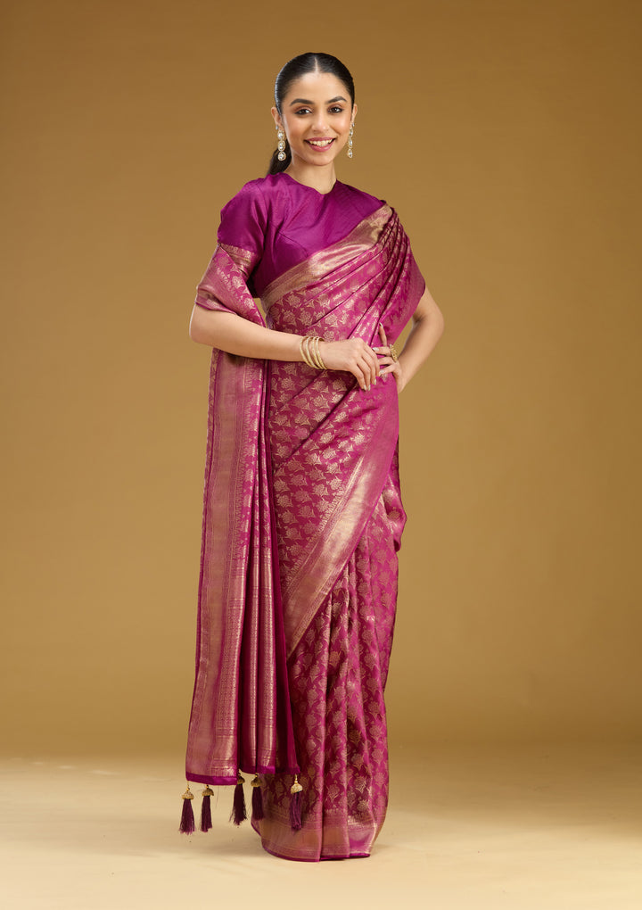 Wine Silk Jaal Gold Zariwork Saree With Matching Blouse Piece