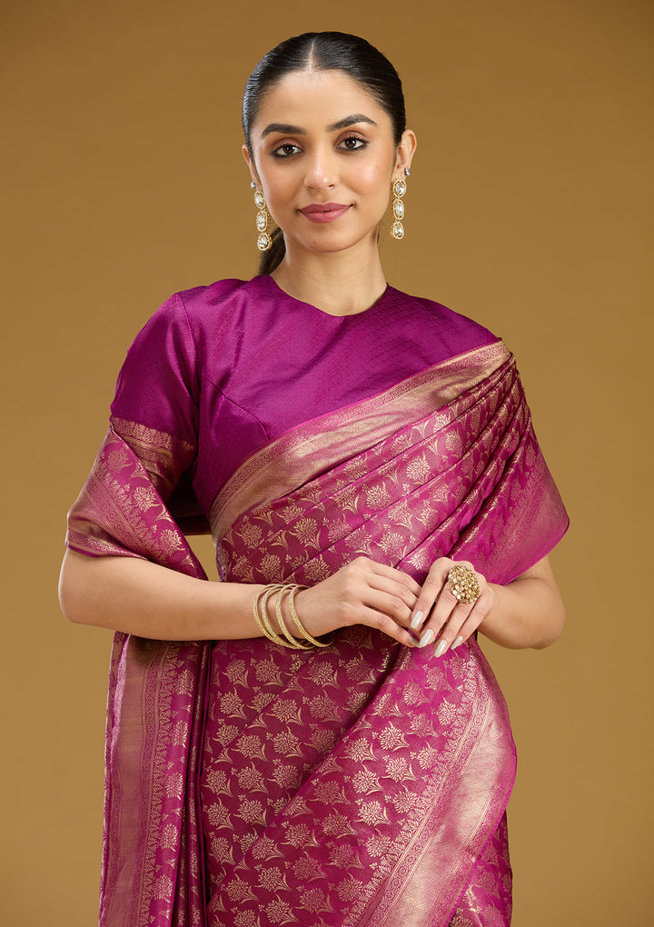 Wine Silk Jaal Gold Zariwork Saree With Matching Blouse Piece