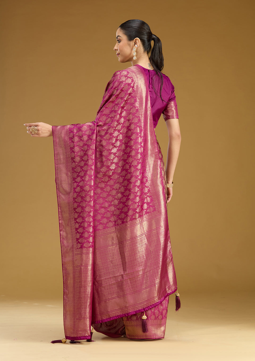 Wine Silk Jaal Gold Zariwork Saree With Matching Blouse Piece
