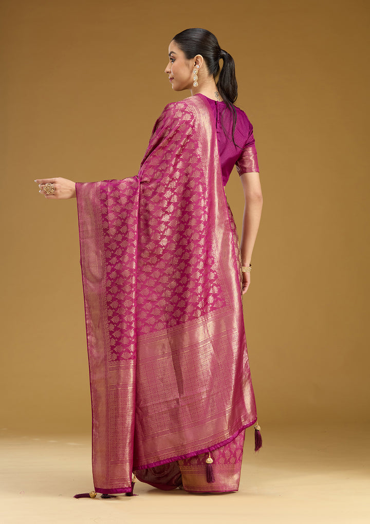 Wine Silk Jaal Gold Zariwork Saree With Matching Blouse Piece