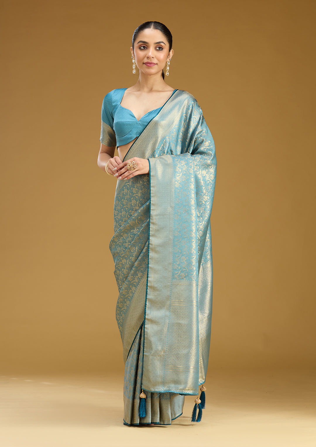 Sky Blue Silk Jaal Gold Zariwork Saree With Matching Blouse Piece