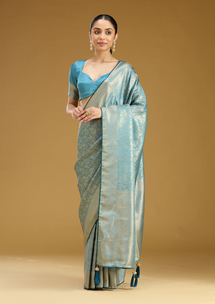 Sky Blue Silk Jaal Gold Zariwork Saree With Matching Blouse Piece