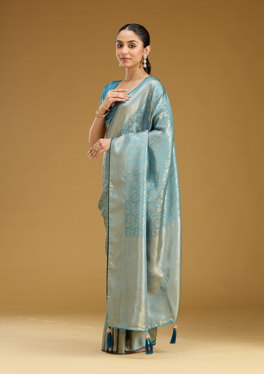 Sky Blue Silk Jaal Gold Zariwork Saree With Matching Blouse Piece