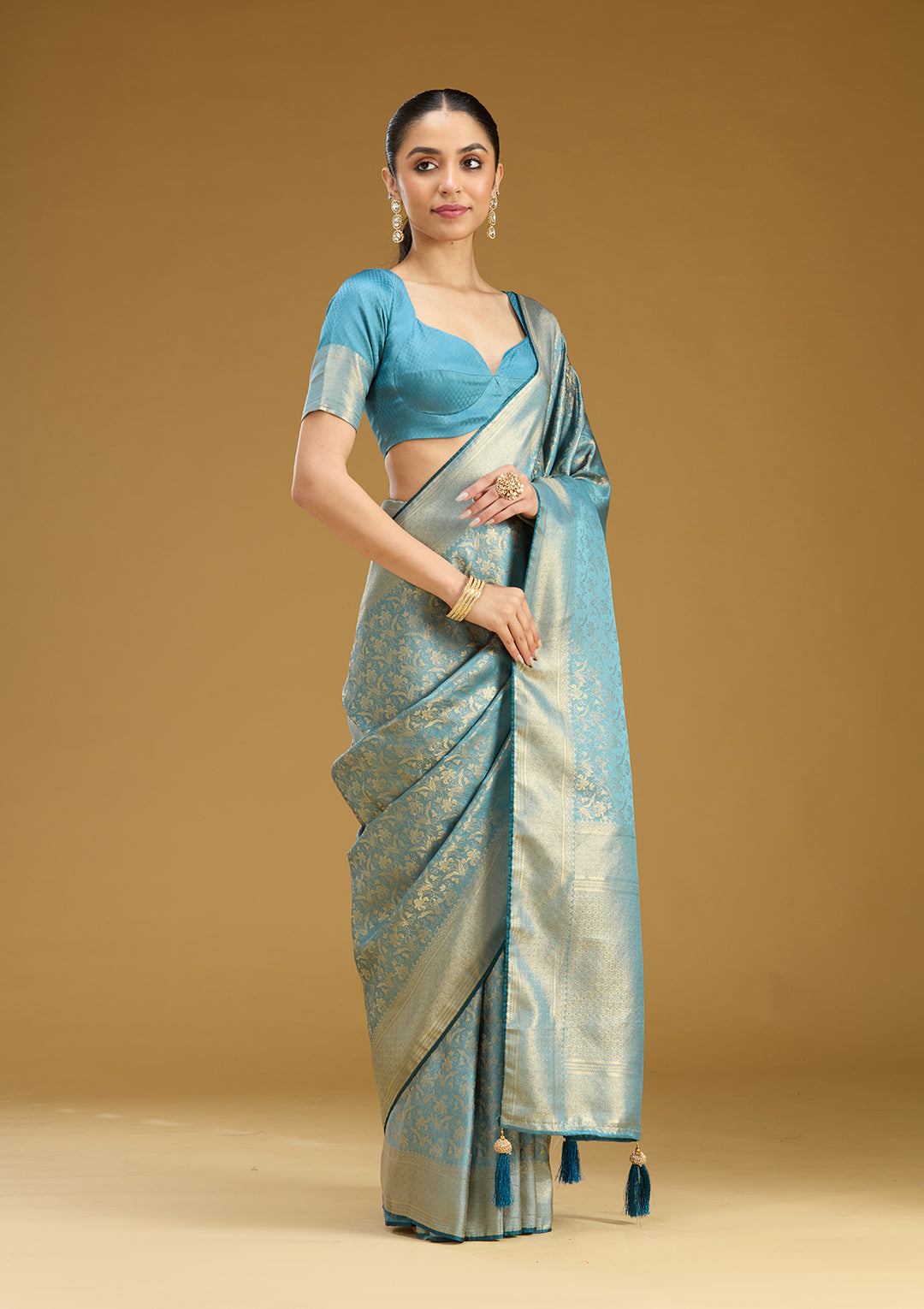 Sky Blue Silk Jaal Gold Zariwork Saree With Matching Blouse Piece