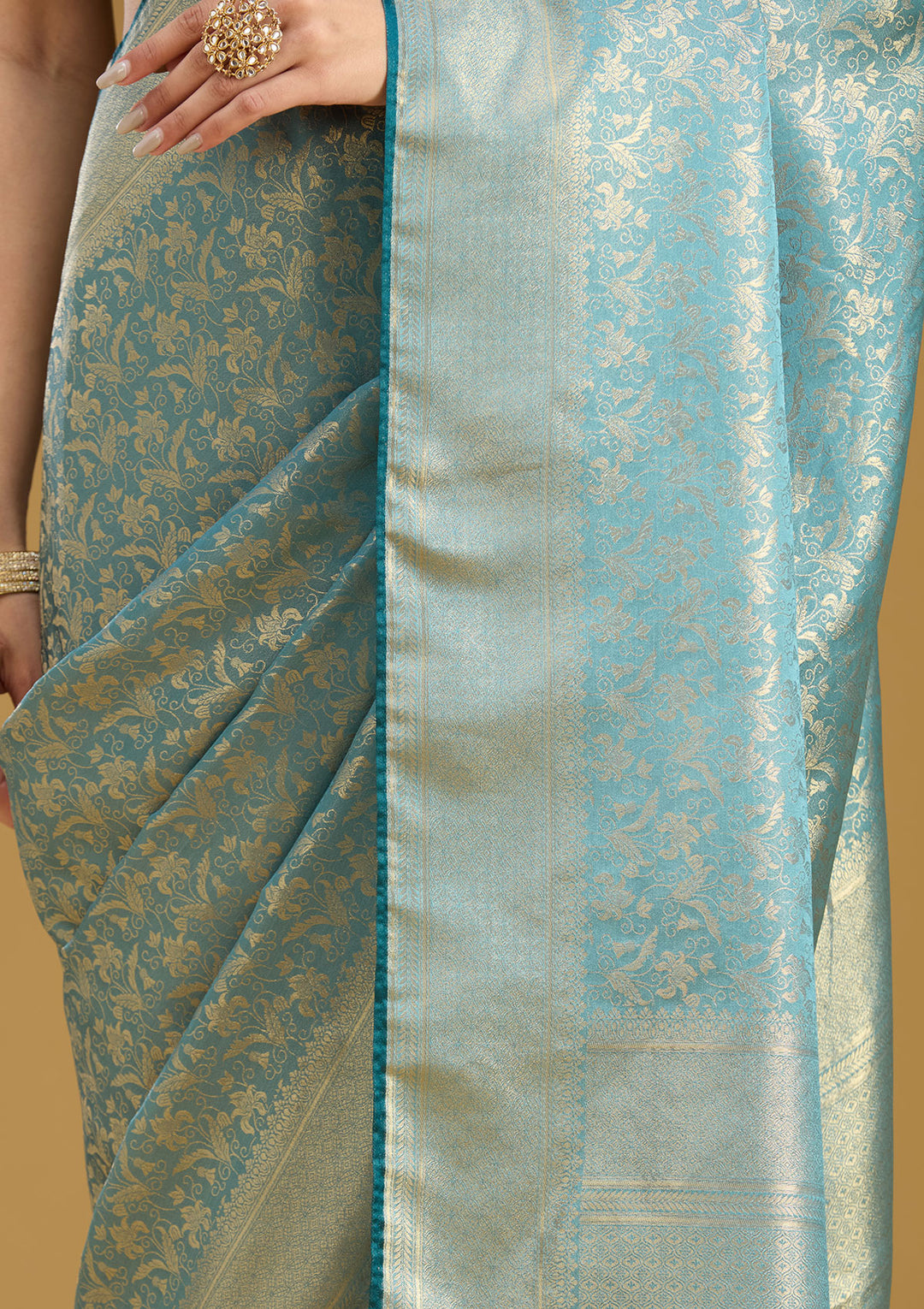 Sky Blue Silk Jaal Gold Zariwork Saree With Matching Blouse Piece