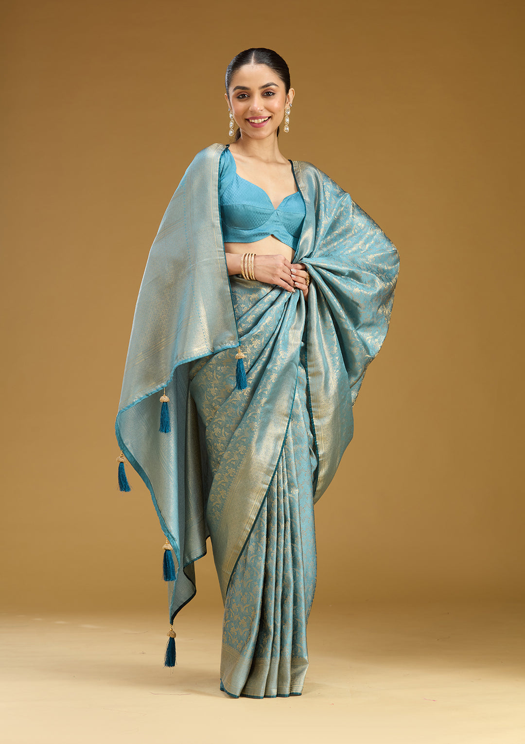 Sky Blue Silk Jaal Gold Zariwork Saree With Matching Blouse Piece