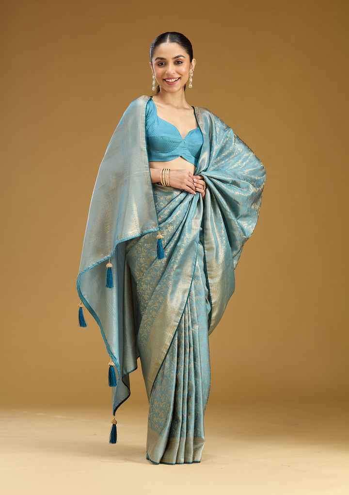 Sky Blue Silk Jaal Gold Zariwork Saree With Matching Blouse Piece