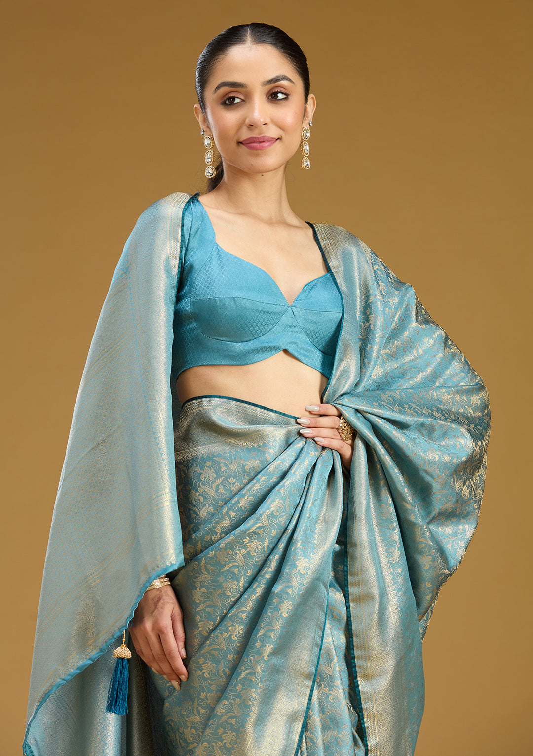Sky Blue Silk Jaal Gold Zariwork Saree With Matching Blouse Piece